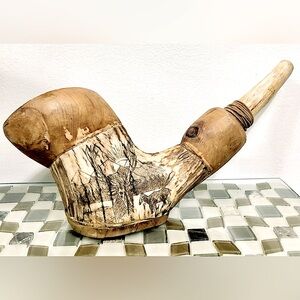 BIG Vintage scrimshaw Elk Horn & Wood Pipe ART PIECE Handmade 1970s Laughing Sun